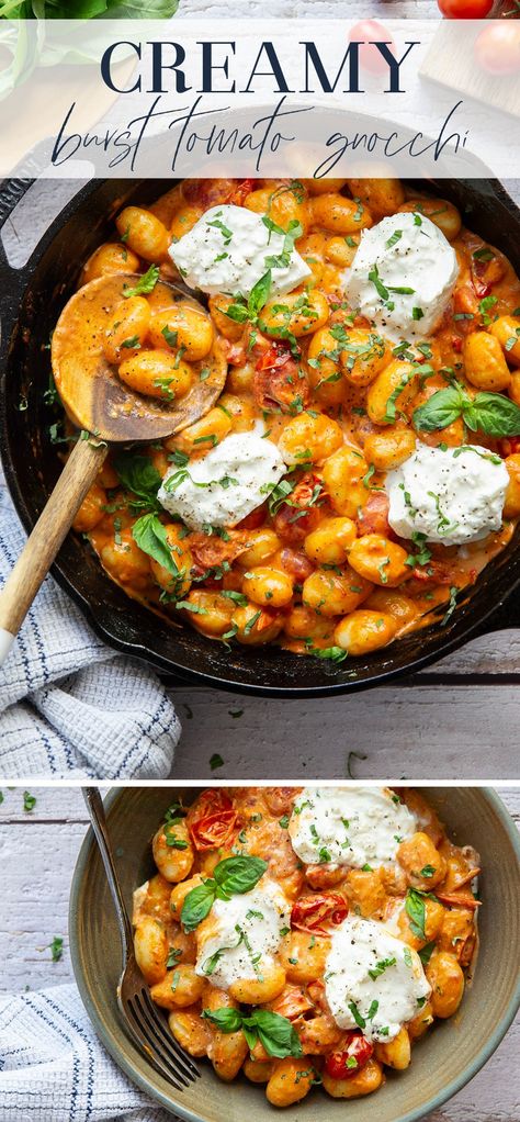 A creamy fresh cherry tomato sauce coats every inch of pillowy gnocchi in this summery burst tomato gnocchi that's topped with lots of fresh basil and rich burrata cheese. Crispy Gnocchi With Tomato And Red Onion, Burrata Gnocchi, Summer Gnocchi, Tomato Basil Recipes, Gnocchi Recipes Healthy, Burst Tomato, Tomato Gnocchi, Gnocchi Recipes Easy, Tomatoes Dinner