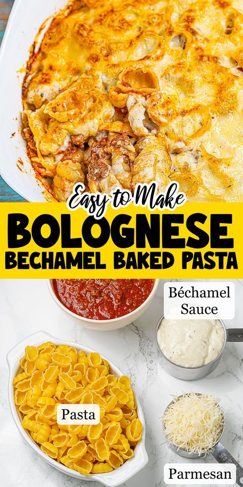 Dive into the ultimate cheesy delight with our Baked Pasta with Béchamel and Bolognese. A quick, yet luxurious meal that combines smooth béchamel sauce, savory bolognese, and melted parmesan cheese. Ready in just 35 minutes, it’s an easy way to bring gourmet flavors to your dinner table on any weeknight. Bechamel Pasta Recipes, Bechamel Pasta, Bechamel Sauce Pasta, Rigatoni Pie, Cheesy Baked Pasta, Baked Pasta Casserole, Pasta Cup, Cheesy Pasta Bake, Béchamel Sauce