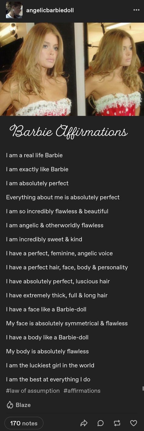 Doll Beauty Affirmations, Barbie Affirmations, Beauty Affirmations, Subliminal Affirmations, Doll Beauty, Luscious Hair, Dark Feminine Aesthetic, Barbie I, Positive Self Affirmations