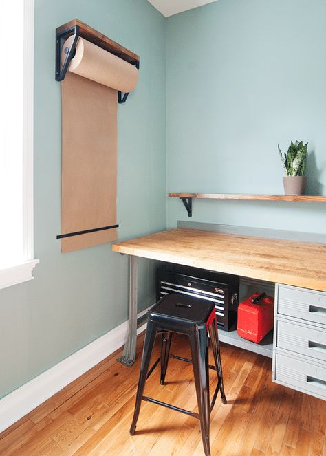 Blue Wall Colors, Shelf Paper, Modern Desk, Small Room, Wall Storage, Shelf Brackets, Paper Roll, Blue Walls, Wall Color