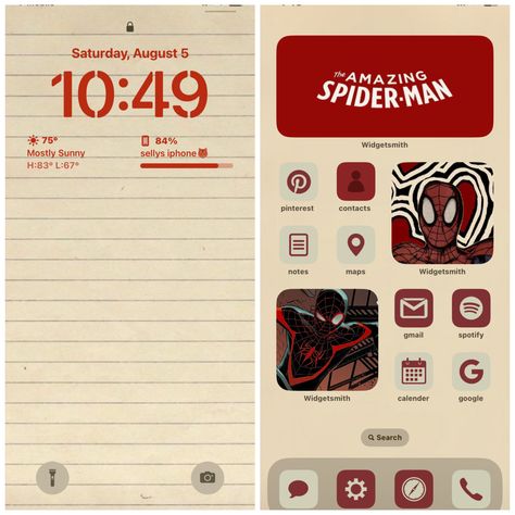 Red Ios Aesthetic, Aesthetic Iphone Lockscreen Layout, Spiderman Lockscreen Aesthetic, Spiderman Wallpaper Layout, Spider Man Iphone Layout, Spiderman Iphone Layout, Spiderman Iphone Theme, Spiderman Themed Phone, Homescreen Layout Spiderman