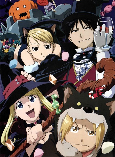 FMA Halloween! In every official halloween fan art the hot guys are either the werewolf or the vampire xD Elric Brothers, Riza Hawkeye, Full Metal Alchemist, Alphonse Elric, Roy Mustang, Anime Halloween, Edward Elric, Paint Tool Sai, Fullmetal Alchemist Brotherhood