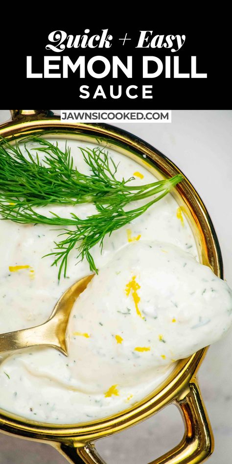 This creamy lemon dill sauce recipe comes together in just 5 minutes, with plenty of fresh dill and lemon for a bright and flavorful sauce that goes great with everything from salmon to fresh veggies! Lemon Sauce For Fish, Lemon Sauce For Salmon, Creamy Lemon Dill Sauce, Dill Sauce Recipe, Dill Cream Sauce, Lemon Dill Salmon, Dill Sauce For Salmon, Easy Sauce Recipe, Lemon Dill Sauce