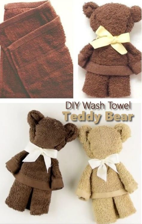 Towel Teddy Bear, Baby Sprinkle Gifts, Washcloth Teddy Bear, Lumberjack Nursery, Washcloth Animals, Washcloth Crafts, Diy Teddy, Teddy Bear Crafts, Shower Baskets