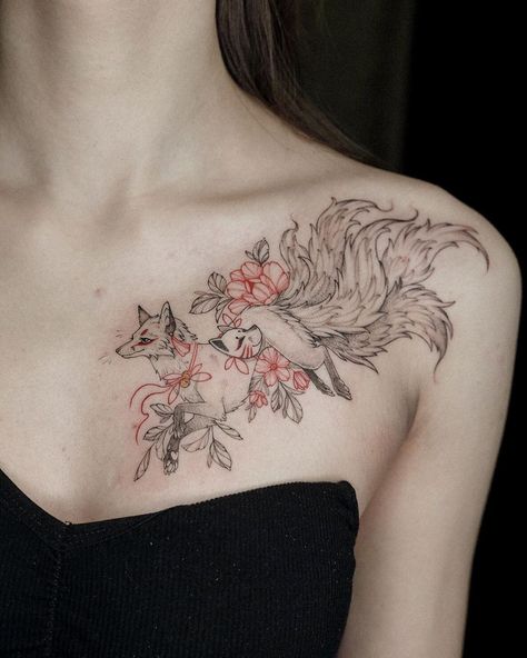 7 Tail Fox Tattoo, Whimsical Collar Bone Tattoo, Anime Fox Tattoo, Black And White Fox Tattoo, Fox Tatoos Design, Gumiho Tattoo, Nine Tail Fox Tattoo Design, Small Fox Tattoos For Women, Fox Back Tattoo