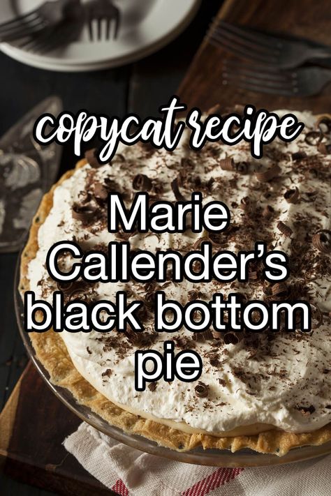 Copycat Marie Callender's Black Bottom Pie - A simplified copycat of Marie Callender's rich black bottom pie. It's made with two flavors of pudding and with a layer of chocolate pudding in the bottom crust. | CDKitchen.com Black Bottom Pie Recipe, Marie Callenders Pie Crust Recipe, Black Bottom Pie, Marie Calendars Double Cream Blueberry Pie, Marie Callenders Chocolate Satin Pie, Copycat Desserts, Marie Calendars Strawberry Pie Recipe, Copycat O’charley’s Caramel Pie, Marie Callendars Chicken Pot Pie Recipe