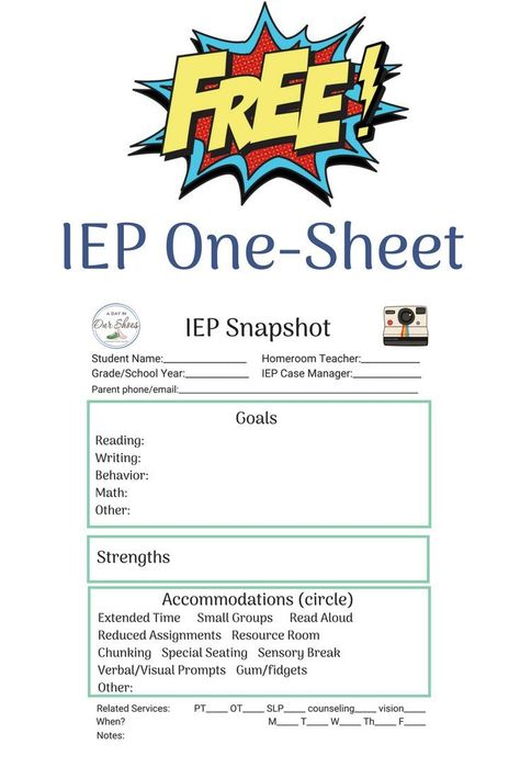 Free Printable IEP one-sheet  Also called Snapshot IEP great way to give an overview to a new teacher for back to school #IEPadvice #IEPmeeting #backtoschool #education #DontIEPalone #free #printables Iep Meeting Checklist, Iep Binder, Adapted Pe, Iep Organization, Special Education Law, Individual Education Plan, Iep Meetings, Class Displays, Iep Goals