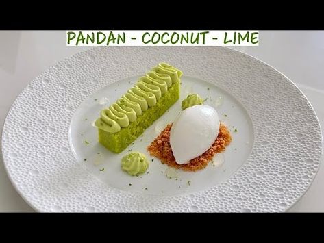 Fine Dining Pandan Cake w/ Coconut Sorbet, Lime Gel & Ginger Crumble - Michelin Star Dessert Recipe - YouTube Easy Fine Dining Desserts, Meditteranean Dessert, Michelin Star Dessert Recipes, Pandan Dessert, Michelin Dessert, Michelin Star Dessert, Pandan Cake, Coconut Sorbet, French Dessert Recipes