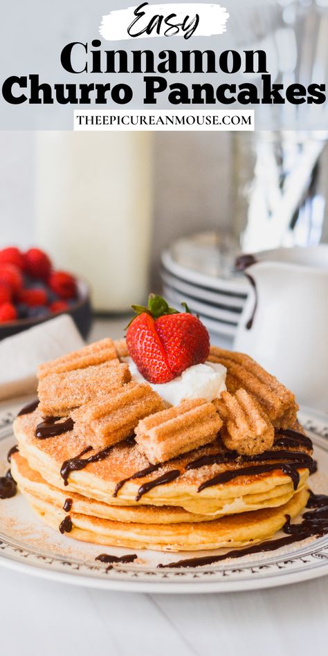 Churro Pancakes Recipes, Cinnamon Sugar Pancakes, Churro Pancakes, Disney Dessert Recipes, Cereal Pancakes, Pancakes With Cinnamon, Whipped Cream And Strawberries, Homemade Breakfast Recipes, Churro Bites