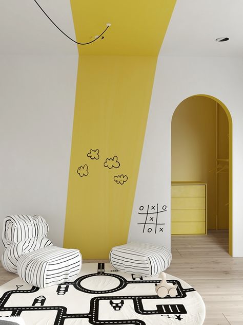 :: peinture mur + plafond :: Graphic Wall Painting Ideas, Kid Room Paint Ideas, Yellow Wall Painting Ideas, Graphic Designer Room, Baby Room Painting Ideas, Kids Room Painting Ideas, Children Room Wall Painting, Kids Wall Painting, Wall Painting Kids Room