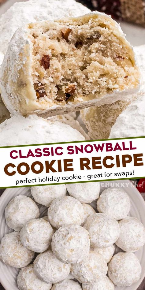 Snowball cookies are a classic holiday dessert made with simple ingredients, are buttery, nutty, and just melt in your mouth. Perfect for Christmas, or any other holiday, they'll be a family favorite on the dessert tray! #cookies #christmas #dessert #baking Classic Snowball Cookies, Snowball Cookie, Classic Holiday Desserts, Pecan Snowball Cookies, Christmas Cookie Recipes Holiday, Snowball Cookie Recipe, Chunky Chef, 2023 Recipes, Christmas Baking Recipes