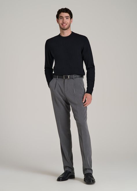 About Our Tall Men's Relaxed Tapered Pleated Trouser The Go-To Pants for Tall Men For the guy over 6' who values both style and comfort, these relaxed tapered pleated slacks for tall men are a game-changer. Designed specifically for the unique needs of tall guys, they offer a sophisticated look without sacrificing comfort. Embrace a modern style of men's tall pants that stands out in any setting.• Modern tapered fit• Versatile design for both casual and formal settings• Sustainably made with 68% Plus Size Mens Wedding Attire, Gray Dress Pants Outfit Men, Tailored Pants Outfit Men, Tapered Trousers Outfit, Tall Mens Fashion, Grey Dress Pants Outfit, Tailored Pants Outfit, Guy Standing, Pleated Slacks