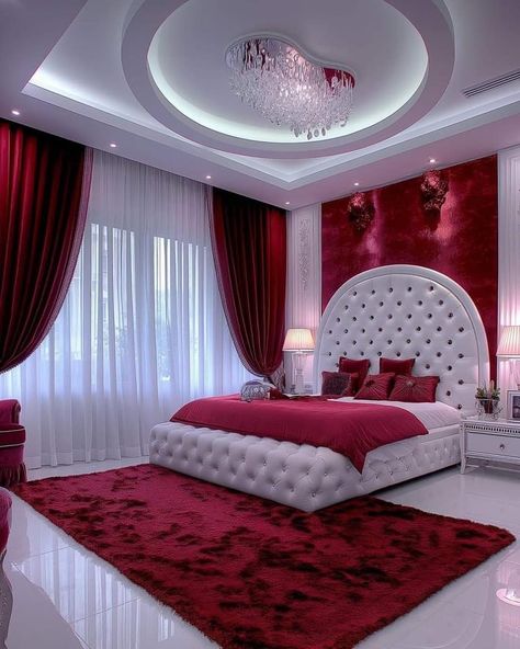 Bedroom Pop Design 2024, Classy Bedroom Decor Luxury, Classy Room Decor Luxury Bedroom Ideas, Red Rooms Bedroom, Red And White Bedroom Ideas, Luxury Living Room Decor, Luxury Room Bedroom, Luxury Room, Interior Design Your Home