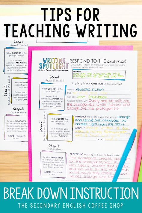 Simplify writing instruction! Writing Tip for the Secondary ELA Teacher: When teaching writing in middle school and high school, break it down and simplify it. This writing strategy will help students become stronger writers by focusing on essential skills one at a time. Teaching Writing | Teaching Tip | Teaching Writing Tip | Middle School Writing | High School Writing | Writing Activities for Secondary ELA | Writing Instruction Writing Workshop Middle School, Special Needs Writing Activities, Writing Station Middle School, Writing Strategies For High School, Writing Folders Middle School, Paragraph Writing High School, Race Writing Strategy Middle School, Ela Curriculum Middle School, Middle School Writing Lessons