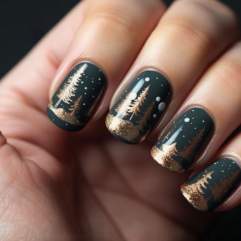 winter nails design forest green and earthy brown, nails with pine tree and reindeer designs Nails Mountain Design, Mountain Design Nails, Green Tree Nails, Winter Forest Nails, Olive Green Christmas Nails, Tree Design Nails, Modele Thonjsh, Fall Tree Nails, Pine Tree Nails