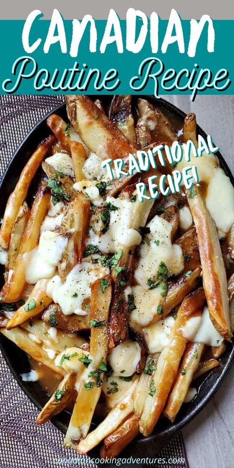 Are you looking for a Traditional Canadian Poutine recipe that has homemade french fries & is smothered in a beef gravy along with white cheese curds? Well then you just found it! Canadian Fries Poutine, Fries With Gravy And Cheese Poutine, French Onion Poutine, Dill Pickle Poutine Recipe, Brisket Poutine Recipe, Poutine Fries Easy, Poutine Recipe Beef, Sweet Potato Poutine, Best Poutine Recipe