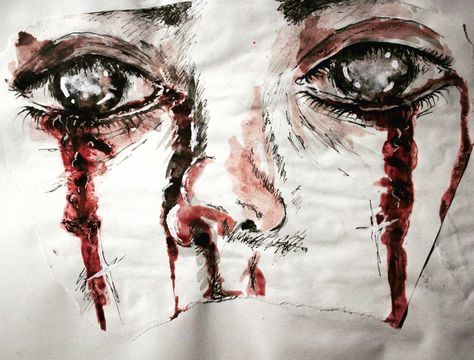 Blind Eyes Art, Dead Eyes Drawing, Creepy Watercolor Art, Eye Bleed, China Watercolor, How To Draw Tears, Blood Tears, Drawing Blood, Intrusive Thoughts