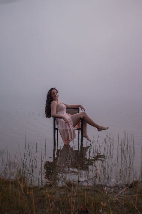 Foggy Morning Photoshoot, River Photoshoot Black Women, Water Chair Photoshoot, Water Portrait Photography Lakes, Chair In River Photoshoot, Lakeside Portrait Photography, Pink Lake Photoshoot, Best Friend Nature Photoshoot, Lake Photography Model