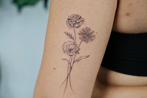 Marigold And Cosmos Tattoo, Cosmos Tattoos, Marigold And Cosmos Flower Tattoo, October Birth Flower Tattoo, Marigold Tattoo, Cosmos Tattoo, October Birth Flower, November Flower, Cactus Tattoos