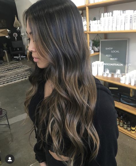 Blowout Balayage Hair, Simple Balayage Dark Hair, Light Brown Dimensional Balayage, Balayage For Dark Brown Hair 2023, Ash Bayalage Brunette, Caramel Foilayage On Dark Hair, Black Hair With Brunette Balayage, Black Hair Balayage Filipino, Balayage Hair Front Pieces