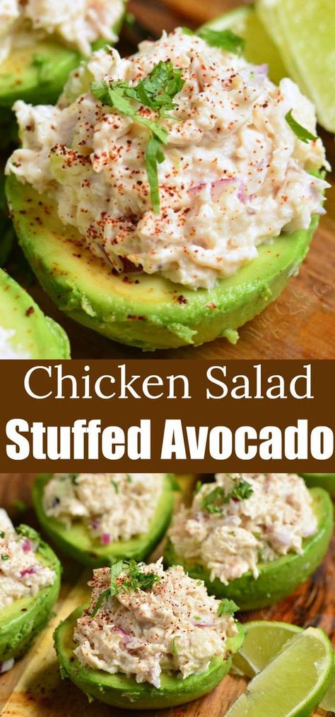 Stuffed Avocado makes a healthy meal made with creamy, ripe avocados stuffed with easy rotisserie chicken salad and flavored with seasoning and lime juice. #avocado #chicken #chickensalad #healthydinner Stuffed Avocados, Stuffed Avocado, Rotisserie Chicken Salad, Avocado Dessert, Avocado Chicken, Health Dinner Recipes, Avocado Recipes, Chicken Dishes Recipes, Chicken Salad Recipes