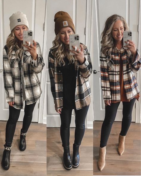 Layered Plaid Outfits, Woman’s Flannel Outfit, Hooded Plaid Shirt Outfit, Flannel Jackets For Women, Oversized Flannel With Leggings, Layer Flannel Outfit, Plaid Jacket Womens Outfit, Plaid Women Outfit, Black Plaid Flannel Outfit