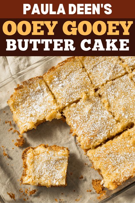 This recipe for Paula Deen's ooey gooey butter cake is out of this world! Find out how to make it, plus, get tips for making the best butter cake. Paula Deens Ooey Gooey Butter Cake Pumpkin, Butter Cake Gooey Paula Deen, Paula Deens Gooey Butter Cake, Paula Deen Butter Cake Recipe, Paula Deens Ooey Gooey Pumpkin Cake, Paula Deans Ooey Gooey Cake, Best Gooey Butter Cake Recipe, Ooey Gooey Paula Dean, Easy Ooey Gooey Butter Cake Recipes