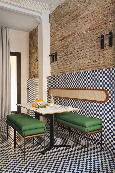 viruta lab uplifts 1940s valencian house with checkered surfaces Checkered Flooring, Wooden Gazebo, Outdoor Sinks, Compact House, Joinery Details, Brick Texture, White Mosaic, Patio Interior, Wainscoting