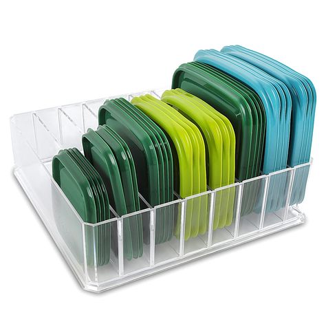 PRICES MAY VARY. Large Capacity - Measures 9.5"L x 9"W x 2.8"H, the lid organizer can store more than 30 lids. The Bawuie Lid Organizer will help keep your pantry clutter to a minimum by corralling all your container lids and storing them all upright in one place, so you’ll always know where to find your plastic lids. For Different Sizes/Shapes of Lid - The lid organizer comes with 7 adjustable and removable dividers help you customize different spaces to keep lids upright and ready (to be found Lid Organization, Countertop Cupboard, Kitchen Pantry Cabinet, Countertop Organization, Lid Organizer, Spice Bottles, Kitchen Pantry Cabinets, Pantry Shelf, Food Storage Container