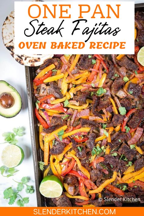 One Pan Fajitas is an easy oven baked steak fajita recipe that is made on a sheet pan. This sheet pan dinner is easy prep, quick cook, and the ultimate dinner that the whole family will gobble right up. Add your favorite fajita toppers and ring that dinner bell. One Sheet Fajitas, Steak Fajita Sheet Pan Dinner, Easy Steak Fajitas Skillet, Beef Fajita Sheet Pan Recipe, Fajita Meat Recipes Easy Dinners, Sheet Pan Flank Steak Fajitas, Steak One Pan Dinner, Steak Fajita Sheet Pan, Sheet Pan Steak And Shrimp Fajitas