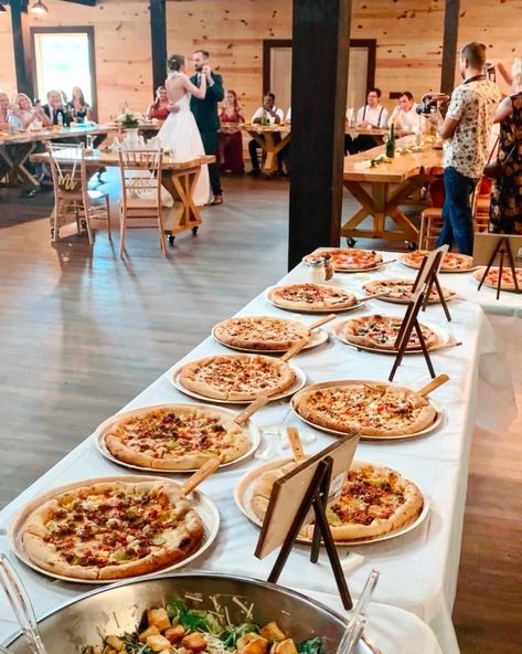 Buffet style wedding reception at the Atrium in Downtown Wilmington. Photographer: Danielle Christine Photography | Private Events Wedding Reception Food Buffet Ideas, Wedding Pizza Bar Elegant, Food Stations At Weddings Receptions, Pizza For Wedding Reception Ideas, Reception Pizza Bar, Pizza Bar For Wedding Reception, Family Dinner Style Wedding, Wedding Dinner Alternatives, Olive Garden Catering Wedding