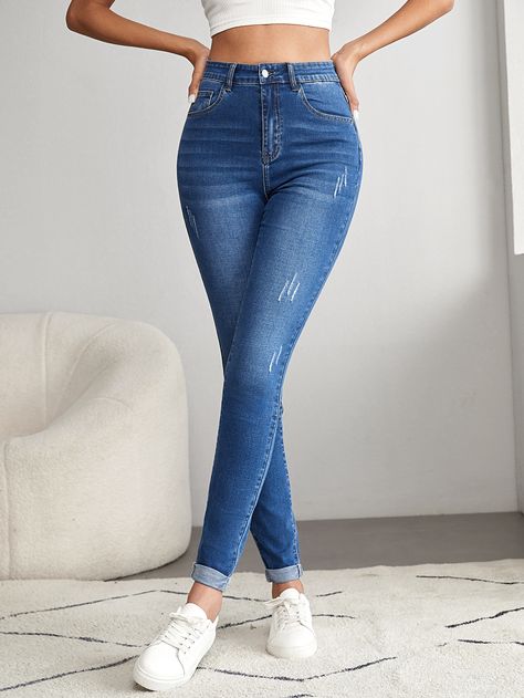 Medium Wash  Collar  Denim Plain Skinny Embellished High Stretch  Women Denim Jean Azul, Jeans Dama, Jeans For Woman, Denim Shorts Outfit, Jeans Outfit Winter, Jeans Outfit Fall, Nice Jeans, Jeans Outfit Women, Jeans Outfit Summer