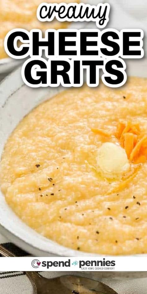 For the perfect side dish try this cheese grits recipe.  Creamy and comforting this classic Southern style dish is so flavorful and delicious. Made with a few simple ingredients like broth, grits, cheese, and butter it is so easy to make. #cheesegrits #cheesegritsrecipe #cheesygrits #spendwithpennies Cheddar Cheese Grits, Creamy Cheesy Grits Recipe, Best Cheese Grits Recipe, Cheese Grits Recipe Southern Style, Quick Grits Recipe, Creamy Grits Southern, Easy Cheese Grits Recipe, Best Cheese Grits, Cheesey Grits