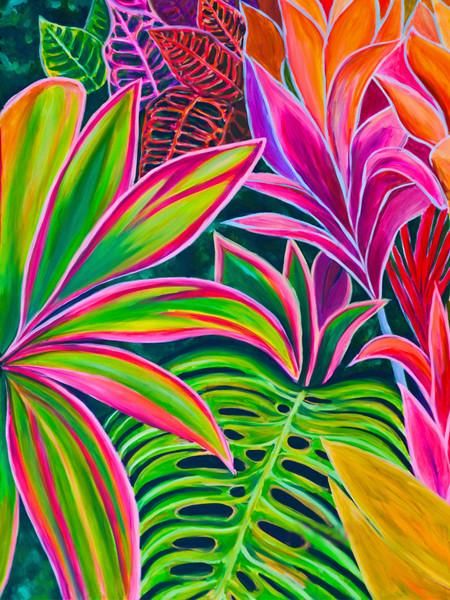 Tropical Painting, Heart Flowers, Plant Painting, Tropical Art, Flower Art Painting, Plant Art, Leaf Art, Open Heart, Mural Art