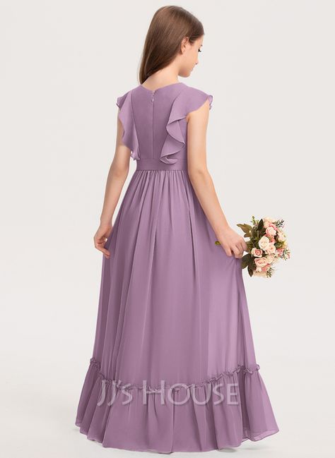 A-Line Scoop Neck Floor-Length Chiffon Junior Bridesmaid Dress With Bow(s) Cascading Ruffles (009208605) - JJ's House Chiffon Short Gown Styles, Chiffon Short Gown, Junior Bridesmaid Dress, Cascading Ruffles, Chiffon Dress Long, Kids Gown, Short Gowns, Kids Fashion Dress, Long Frocks