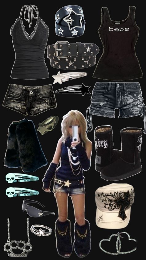 y2k gyaru outfit black/dark colors #altfashion Gyaru Fashion Ideas, Gyaru Outfits Aesthetic, Dark Gyaru Fashion, Yk2 Outfits 2000s, Gothic Y2k Outfits, Y2k Alt Outfits, Dark 2000s Aesthetic, Dark Mcbling, Black Punk Outfits