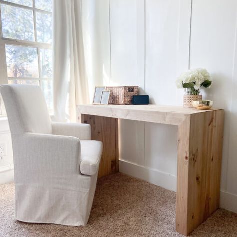 DIY Waterfall Writing Desk - Shanty 2 Chic Waterfall Edge Office Desk, Walmart Furniture Hack, Wood Waterfall Desk, Waterfall Desk Diy, Diy Waterfall Bench, Diy Waterfall Desk, Desk In Foyer, Diy Laptop Table, Diy Small Desk