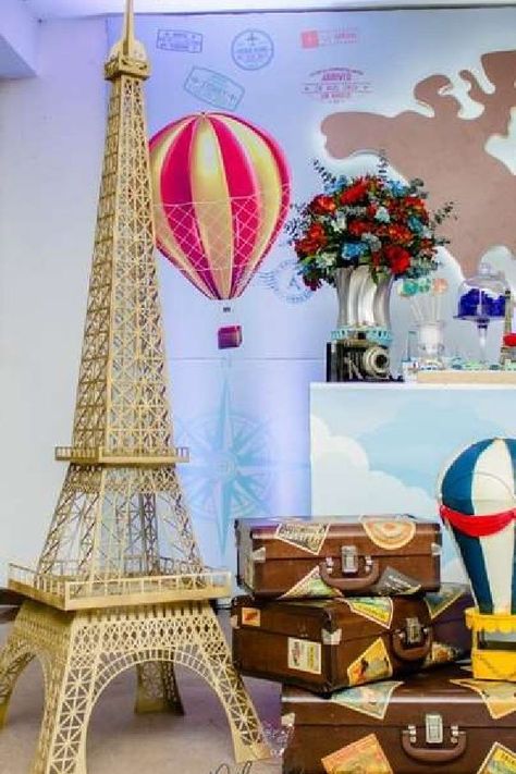 Take a look at this wonderful travel-themed birthday party! The party decorations are so much fun!! See more party ideas and share yours at CatchMyParty.com European Themed Party, European Birthday Theme, Around The World Theme Party, European Birthday, French Food Party, Around The World Theme, French Party, Parisian Party, Hot Air Balloon Party