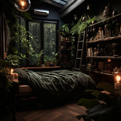 Dark Decoration Home Decor, Dark Room Bedroom, Dark Academia Master Room, Dark Gothic Interior Design, Dark Fantasy Room Decor, Dark Moody Bedroom Decor, Dark Fantasy Bedroom Aesthetic, Dark Bedroom Cozy, Dark Cozy Apartment Aesthetic