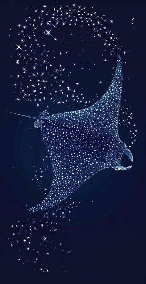 Behold the ethereal beauty of a manta ray crafted from stars, gliding gracefully against a deep blue night sky. This simple yet striking vector illustration blends the mysterious charm of Edward Gorey with the delicate elegance of Yoshitaka Amano.🐠🌟 #CelestialArt #MantaRay #StarryNight #VectorIllustration #EdwardGorey #YoshitakaAmano #MinimalistArt #EtherealBeauty #NightSkyArt #FantasyIllustration #CosmicCreatures #ArtisticElegance #art #fyp #foryoupage Aquatic Illustration Art, Mantaray Aesthetic, Mantaray Wallpaper, Mantaray Painting, Mantaray Art, Manta Ray Photography, Manta Ray Aesthetic, Manta Ray Wallpaper, Sting Ray Art