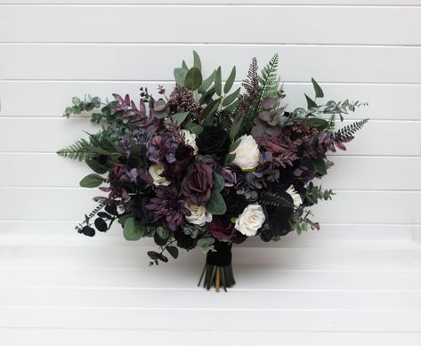 Deep Purple Black Ivory Green Bouquet Bridal Flowers Faux Bouquet Fall Wedding Wedding Silk Flowers Halloween Wedding Bridesmaid Bouquet - Etsy Moody Cascade Bouquet, Purple And Black Wedding Table Decor, Moody Plum Wedding, Dark Jewel Tone Bouquet, Plum Flower Bouquet, Purple Green Fall Wedding, Halloween Bridal Bouquet, Witchy Wedding Flowers, Purple And Green Boutonniere