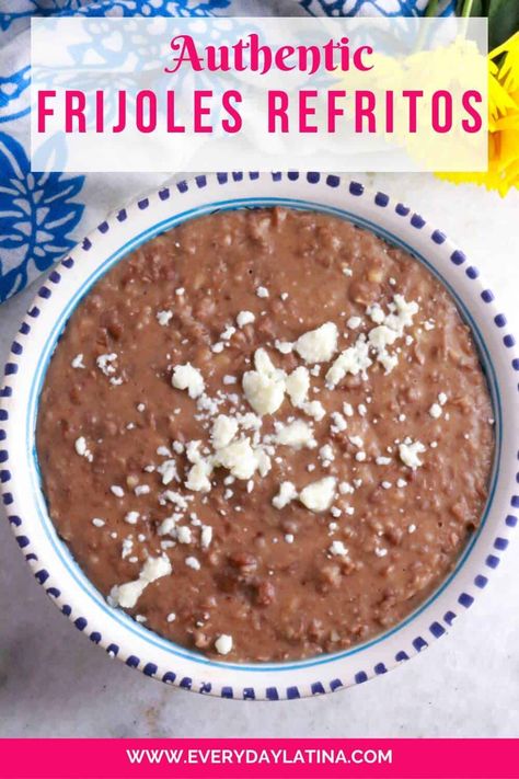 Frijoles Refritos (Mexican Refried Beans) Authentic Refried Beans Recipe, Authentic Refried Beans, Mexican Refried Beans, Homemade Refried Beans, Refried Beans Recipe, Frijoles Refritos, Mexican Side Dishes, Mexican Breakfast Recipes, Bisque Recipe