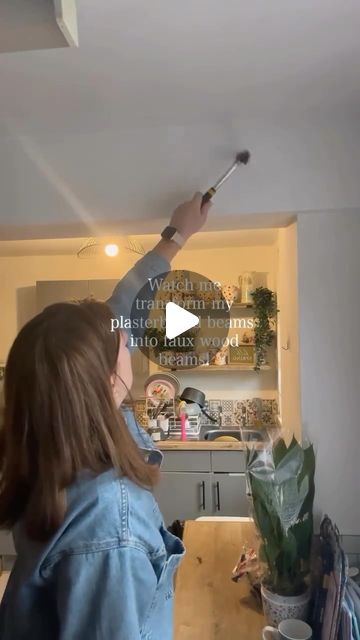 Frenchic Paint ❤️ on Instagram: "Your guests would never know!! 😉 Looking to transform a plasterboard beam into a rustic faux wooden beam? It's easy with this Frenchic product duo! Steal inspiration from Frenchic Fan Lara (over at @laralear) who gave her kitchen a more country cottage feel with our infamous hack! 🤍🌾 After distressing the surface and adding scrapes, scratches and scuffs, Melissa went in with our classic cream shade 'Crème de la Crème' from The Lazy Range as her base. Finishing with our 'Browning Wax' to add an aged rustic look and create that oak-look finish!

Pop any questions below! 👇" Frenchic Browning Wax Stairs, Frenchic Browning Wax Hack, Faux Wooden Beams, Wooden Beam, Frenchic Paint, Wooden Beams, Wood Beams, Infamous, Wall Paint