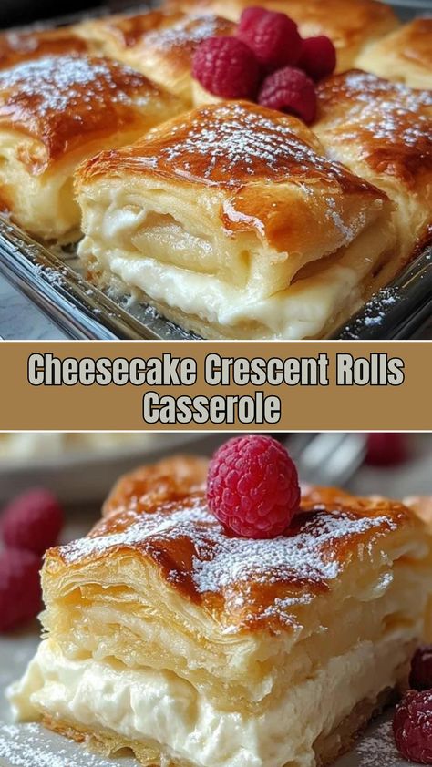 Cheesecake Crescent Rolls Casserole: A Quick and Delicious Dessert! - Delicious Recipes - Easy Cooking Ideas and Tasty Dishes Cheesecake Cresent Roll, Quick Meal Ideas For Two, Crescent Roll Apple Cheesecake, Cherry Crescent Rolls, Crescent Roll Cream Cheese Bars, Crescent Roll Cheese Danish, Different Baking Ideas, Cream Cheese And Crescent Rolls Desserts, Cheesecake Bars Crescent Rolls