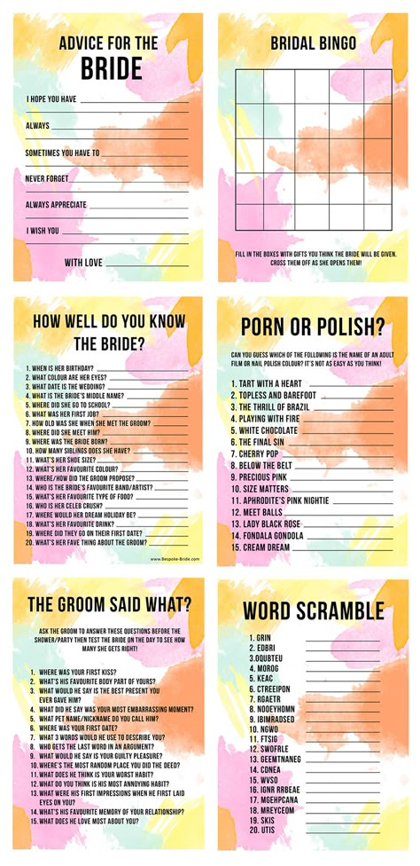 Bridal Shower Games Hen Party Bachelorette Party Watercolour 2 blog Hen Do Games, Wedding Party Games, Bridal Party Games, Hen Do Ideas, Maid Of Honor Duties, Hen Party Games, Hen Weekend, Bridal Bingo, Bridal Games