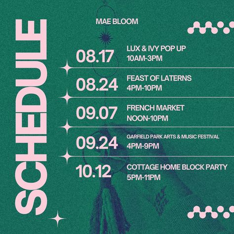 ✨ EVENT SCHEDULE ✨ What.A.Lineup. Big Events with Big Energy! I hope to see you at one, a few, or them all!! Free Admission to them all too!! ✨ 8/17 Pop up with our friends at Lux & Ivy @luxandivyshop Small Biz Pop Up with some of our Local Loves 🫶 8/24 Feast of Laterns @feastoflanterns Literally can’t wait to finally attend as a vendor and hope to see you all there!! 9/7 French Market at St. Joan of Arc @sjoaindy This is my first year attending as a vendor but we’ve been going to thi... Event Rundown Layout Design, Schedule Of Events Design, Event Inspiration Creative, Event Itinerary Design, Events Schedule Design, Minimal Event Poster, Event Graphic Design Inspiration, Event Schedule Design Layout, Graphic Design Event Poster