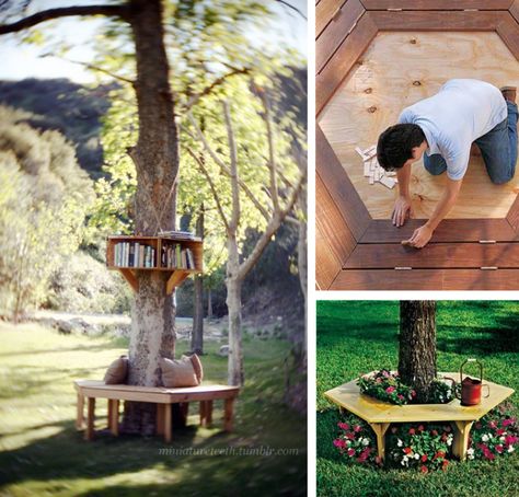 Top 3 outdoor projects to work on this summer: I would love to have a tree bench in my yard! Outdoor Library, Home Library Ideas, Outdoor Reading Nooks, Outdoor Reading, Creative Bookshelves, Tree Bench, Spring Reading, Little Library, Outdoor Diy Projects