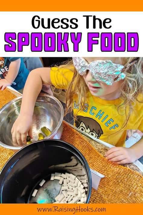 Spooky Food Guessing Game - Raising Hooks Halloween Food Games For Kids, Halloween Food Guessing Game, Halloween Gross Food Guessing Game, Halloween Guess Whats In The Box Game, Halloween Guessing Game With Food, Halloween Guessing Game, Fear Factor Games, Food Games For Kids, Gross Halloween Foods