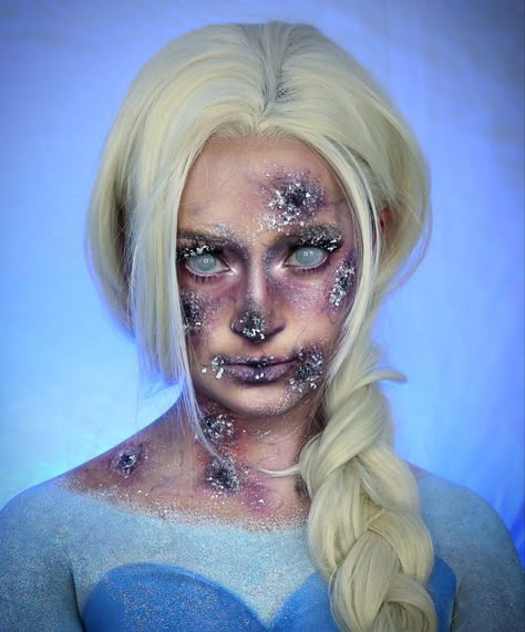 Evil Snow Queen, Glam And Gore Mykie Special Effects, Frozen Zombie Makeup, Halloween Elsa Makeup, Disney Scary Halloween Costumes, Zombie Disney Princess Costume, Frozen Sfx Makeup, Scary Elsa Costume, Creepy Disney Princess Makeup