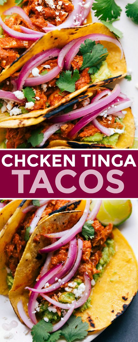 Chicken Tacos With Pickled Red Onions, Curry Chicken Tacos, Marinated Chicken Tacos, Spicy Shredded Chicken Tacos, Mexican With Chicken, Tacos With Pickled Red Onions, Authentic Chicken Tacos, Chicken Tinga Tostadas, Chicken Tinga Tacos Recipe